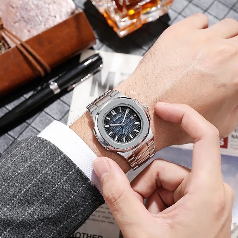 

Мужские светящиеся часы с календарем, водонепроницаемые кварцевые часы со стальным браслетом, простые Роскошные спортивные деловые часы, мужские часы
