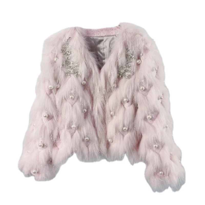 Socialite Temperament Beaded Tassel Rhinestone Woven Faux Fur Coat for Women 2023 Spring Winter New Sweet Fur Jacket Lady