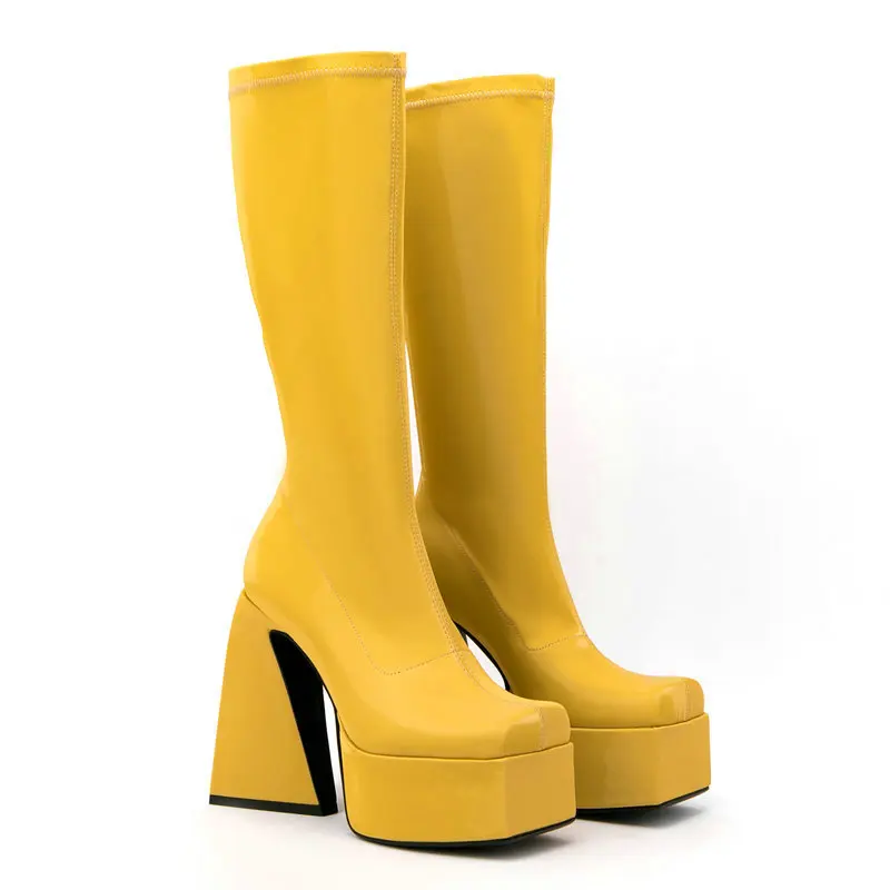 

Женские эластичные сапоги до середины икры Woemn с квадратным носком, модные сапоги на платформе и массивном высоком каблуке в стиле панк, осе...