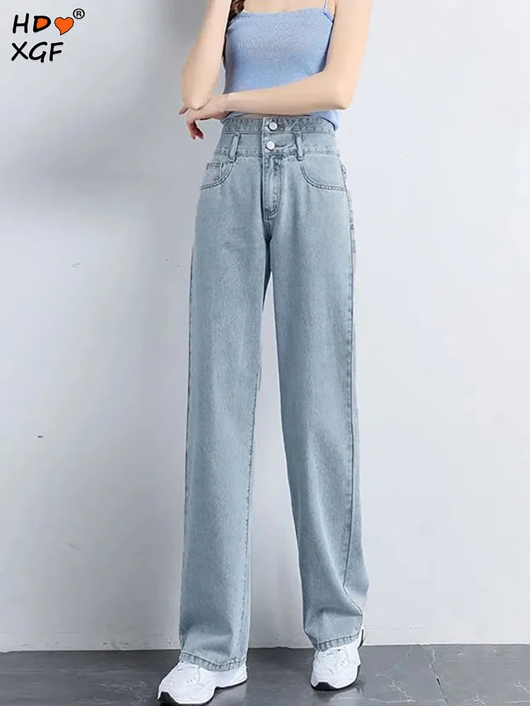 

Винтажные свободные широкие женские джинсы Y2k с двумя пуговицами, подходящие ко всему брюки из денима полной длины с высокой талией и эффектом потертости, корейские джинсы для женщин