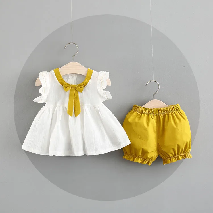 

Infant Girl Clothes Toddler Casual Outfits Baby Solid Flying Sleeve Bow Top + Shorts 2pcs Set Children Summer Cute Clothing Sets