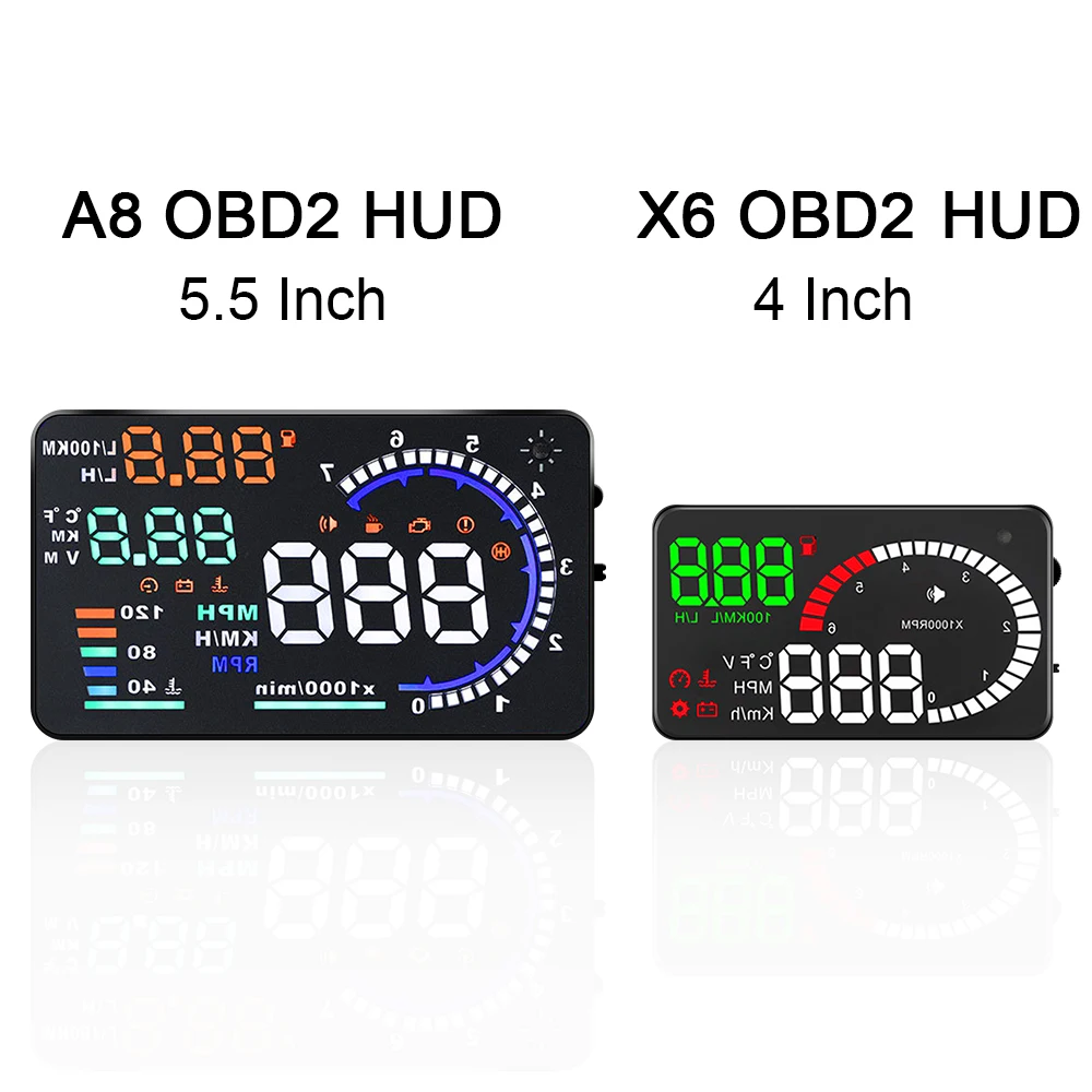 Фото Автомобильный проектор на лобовое стекло X6 A8 HUD, светодиодный проектор на лобовое стекло OBD2, предупреПредупреждение о превышении скорости и... №3