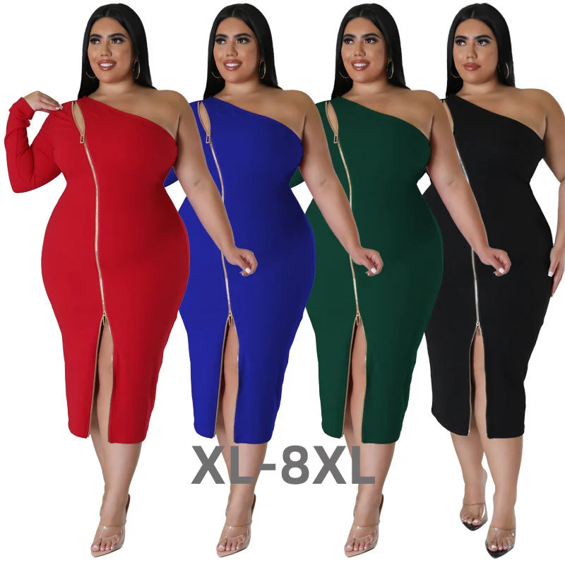 Plus Size Women Dress Sexy Zipper Side Split One Shoulder Long Sleeves Fashion Bodycon Dress Mid Calf 3xl 4xl 5xl 6xl