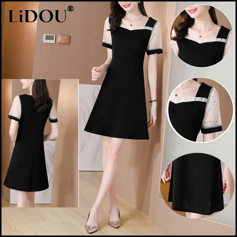 

2022 New Summer Korean Square Collar Net Yarn Patchwork Short Sleeve Fashion Slim Dresses Black All-match A-line Skirt Female