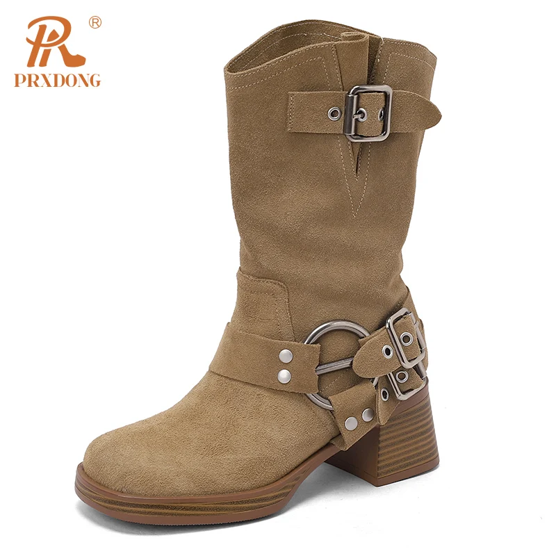 

PRXDONG Women's Shoes New Brand Cow Suede Autumn WInter Mid Calf Boots Square HIgh Heels Retro Dress Party Casual Slip On Lady