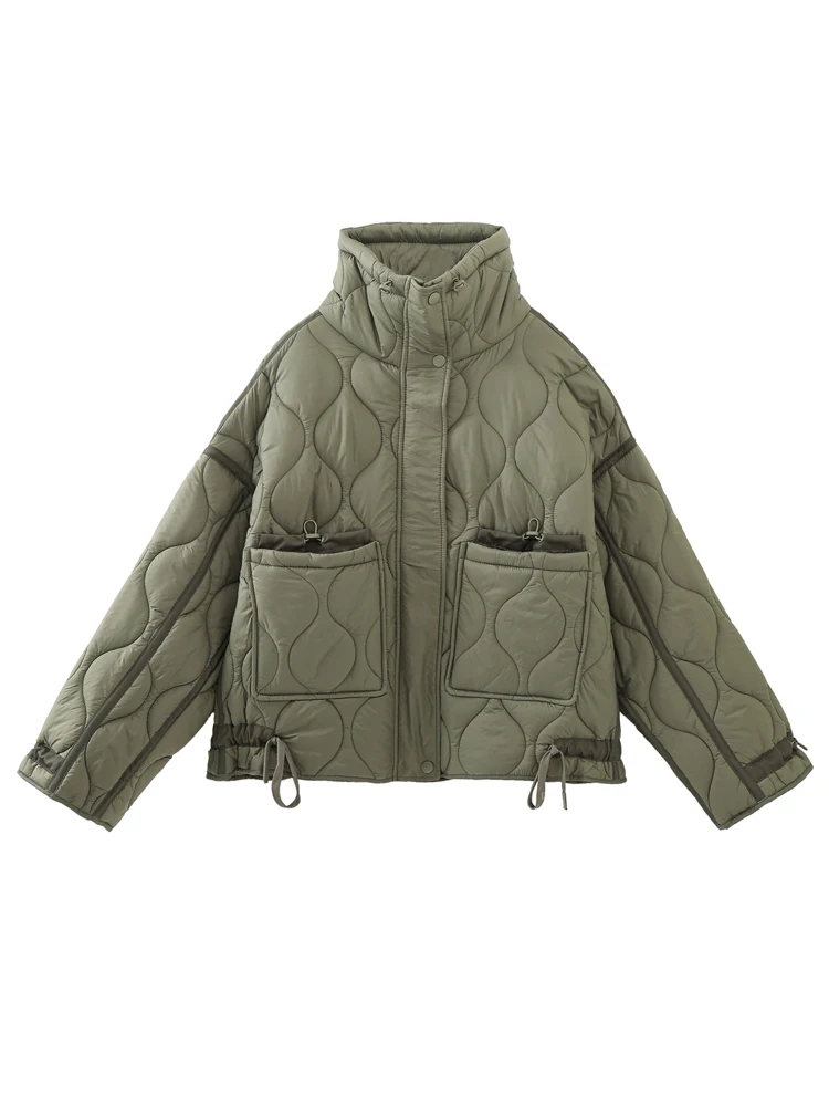 PAILETE Women 2023 fashion with drawstrings thick warm jacket coat vintage high collar long sleeve female outerwear chic tops