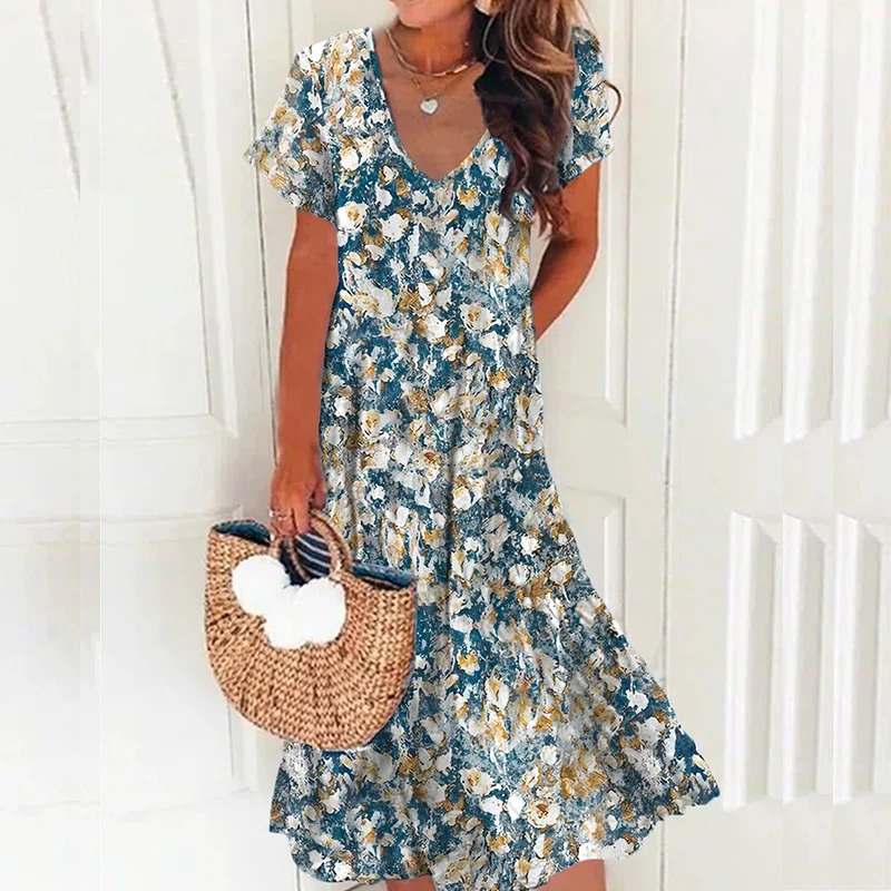 

Casual Floral Print Beach Holiday Dress Women V Neck Short Sleeve Loose Party Dress 2022 New Summer Elegant Bohemian Midi Dress