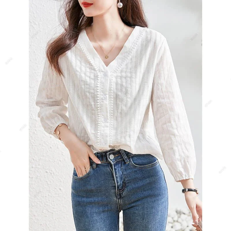 

Solid Shirts for Women Vintage Cotton Loose Long Sleeve V-neck Casual Korean Style Single Breasted One-piece Blouse Women Tops