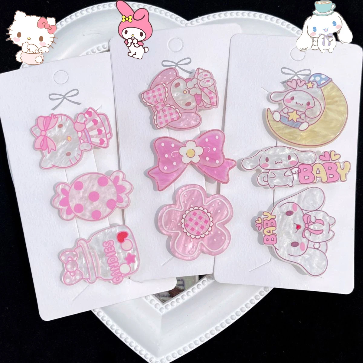 

3pcs Kawaii Sanrios Cinnamonroll Kuromi My Melody Kitty Cartoon Women's Duckbill Clip Acrylic Hairpin Bangs Side Clip girls Gift