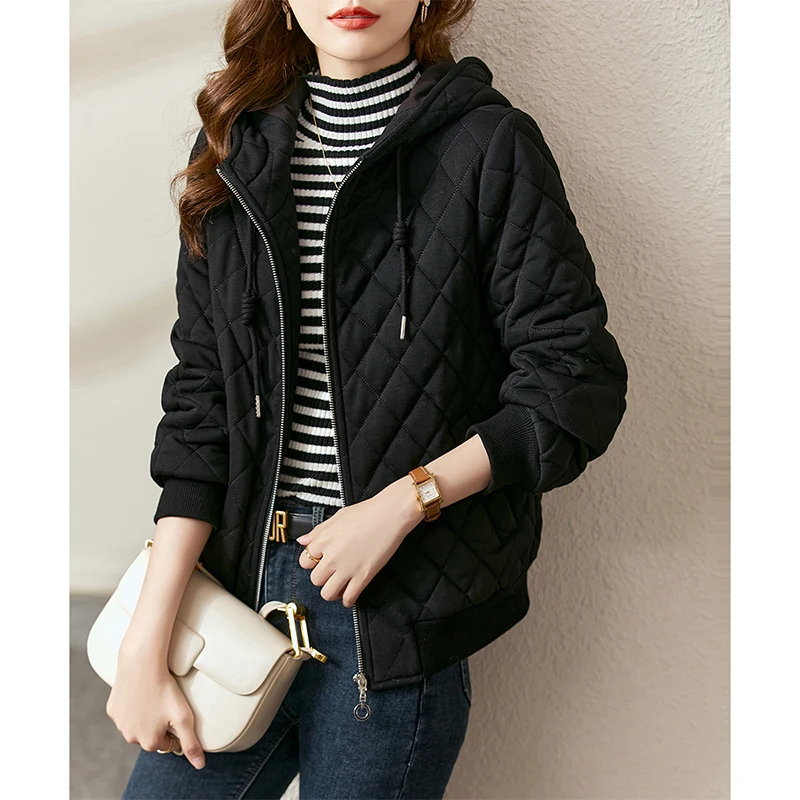 Vimly Short Black Parkas Winter Padded Jacket Coat for Women Vintage Casual Thickened Warm Long Sleeve Hooded Quilted Coat V6870