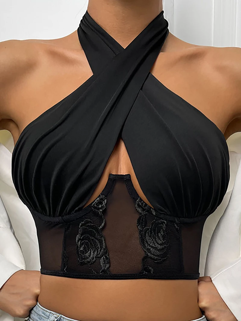 

Женский сетчатый укороченный топ с открытой спиной и цветочным принтом