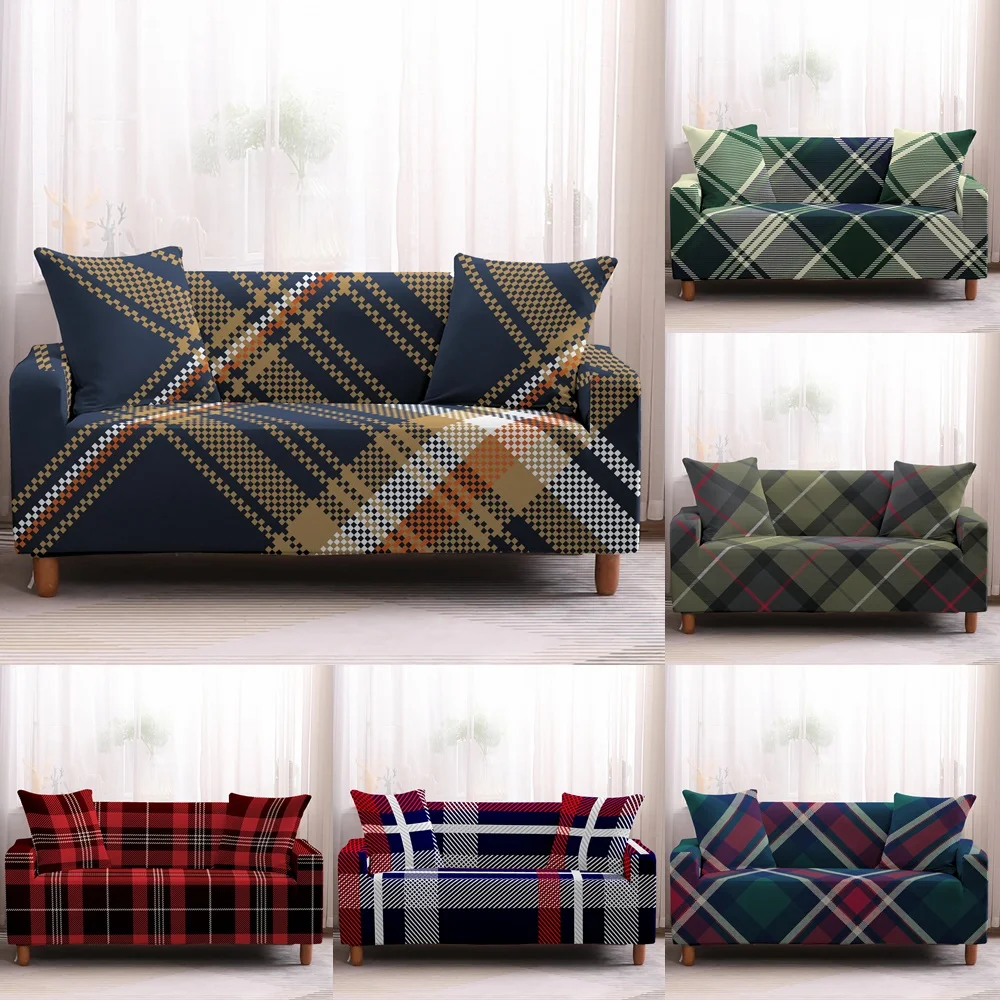 

Geometric Plaid Stretch Sofa Cover Living Room All Inclusive Colorful Buffalo Grid Slipcover Elastic Couch Covers 1/2/3/4 Seater