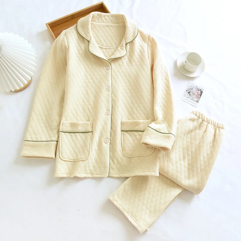 Warm Couple Pajamas Three-Layer Quilted Autumn Winter Sleepwear Set Thicken Air Cotton Casual Men's Home Clothes Women Pijamas