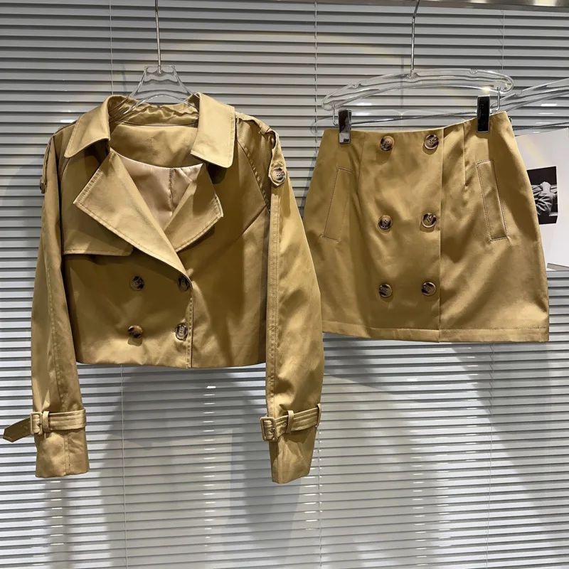 

Женский двубортный тренчкот на пуговицах PREPOMP, осенняя короткая юбка, комплект из двух предметов, GL574, 2023