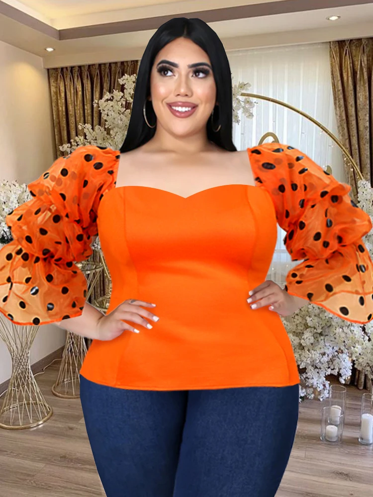 

Orange Plus Size Tops 4XL Polka Dot Flare Sleelves Office Lady Evening Birthday Party Women Blouses 2022 Spring Drop Shipping