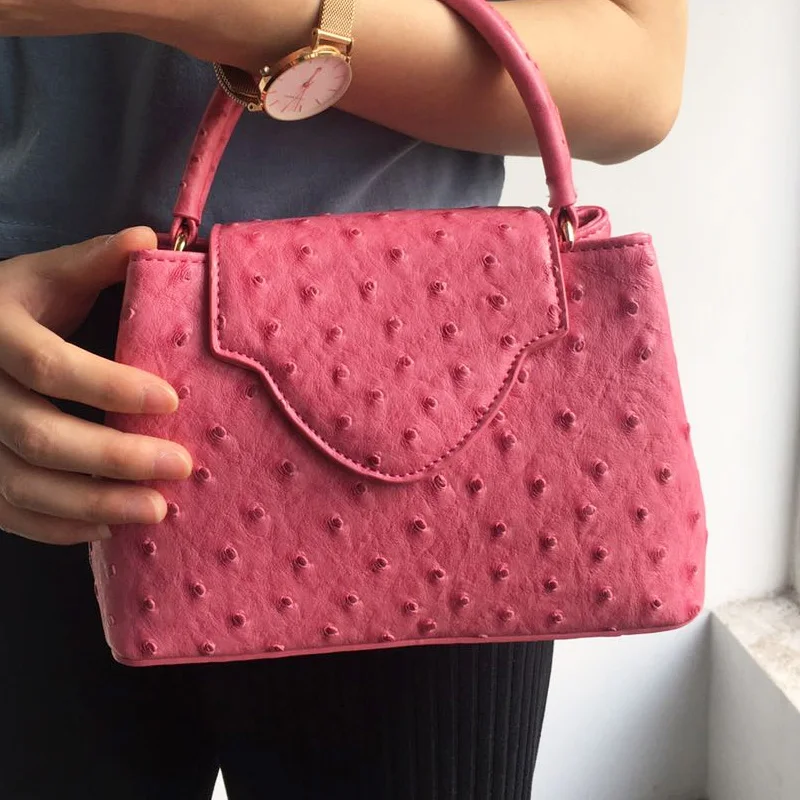 

Classic Luxury Brand INS Hot Sales Handbag Women PU Ostrich Pattern Luxury Brand Designer Hot Pink Tote Shoulder Bag