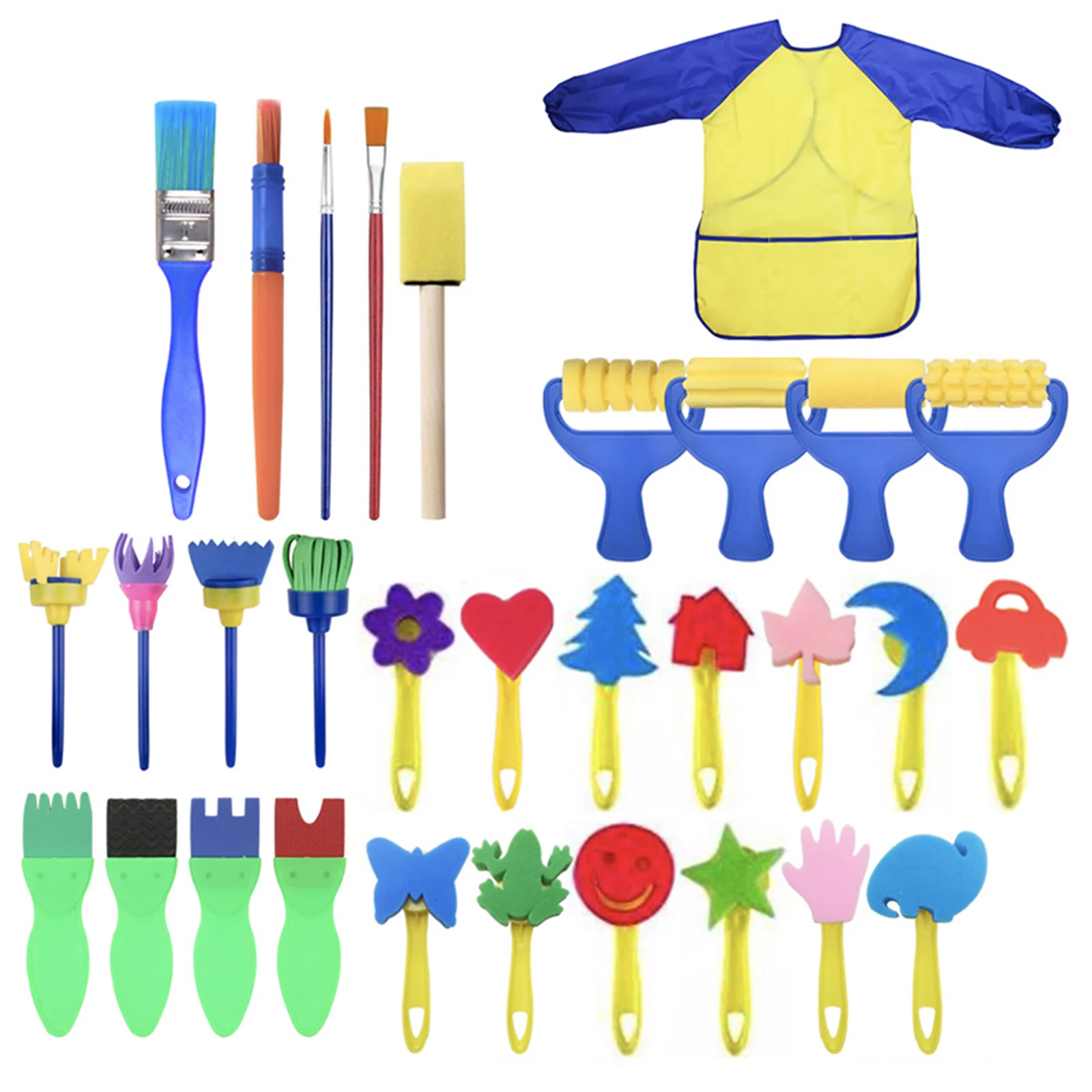 

31pcs/lot Kids Early Learning Sponge Painting Brushes Kit Child Fun Painting Brushes & Long Sleeve Waterproof Apron