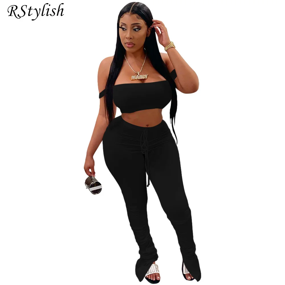 

RStylish Solid Tracksuit Casual Two Piece Set Women Off Shoulder Crop Top Ruched Bodycon Trouser Matching Pants Sets 2022 Summer