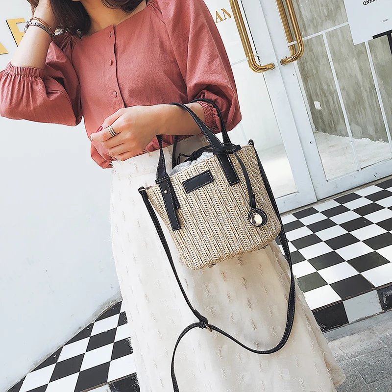 Fashion Weave Straw Bucket Bag Women Crossbody Bags 2020 Women Beach Bags Handbags Rope Knitted Women Handbag Fresh Summer Tote
