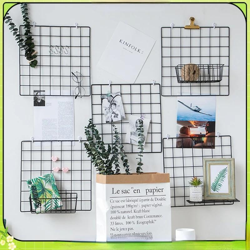 

Metal Steel Net Mesh Frame Wall Shelf Decoration Grid Decor Photo Frame Nordic Wall Art Display Mesh Storage Shelves Organiser