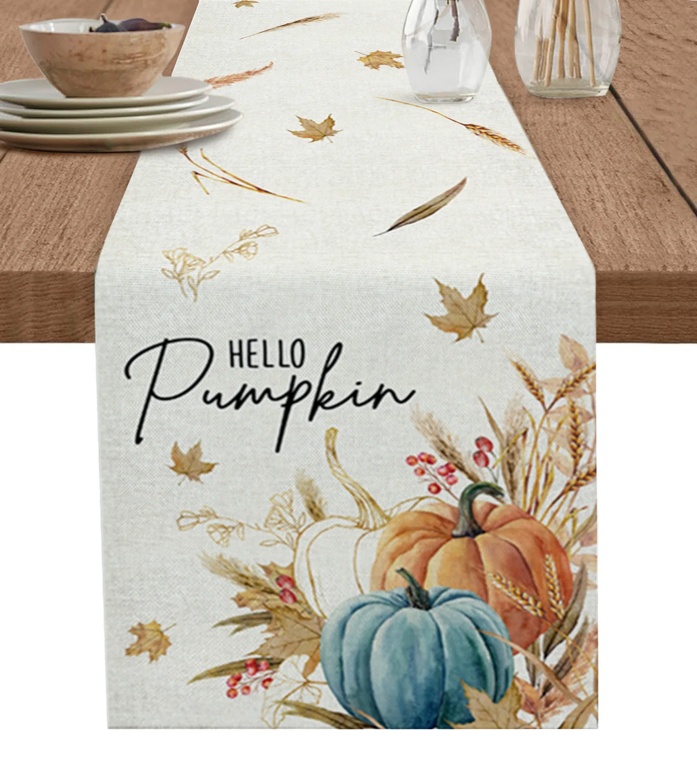 

Autumn Thanksgiving Blue Orange Table Runner Home Wedding Table Flag Mat Table Centerpieces Decoration Party Long Tablecloth