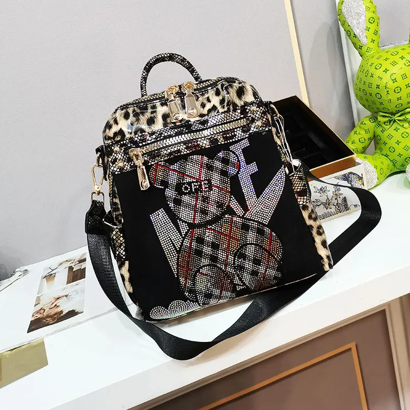 Fashion Diamond Leather Ladies Cartoon Backpack 2022 New Leopard Print Shoulder Messenger Bag Luxury Handbag Backpack Gg Bolsa