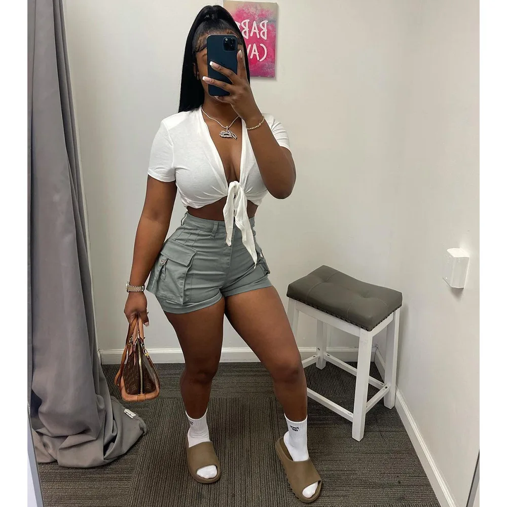 Y2k Solid Color Cargo Shorts Summer Women High Waist Pockets Button Sporty Joggers Bodycon Casual Short Pants Fashion Streetwear