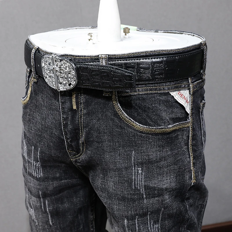 Fashion Vintage Trousers Men Jeans Retro Black Gray Elastic Stretch Slim Fit Ripped Jeans Men Casual Designer Denim Pants Hombre