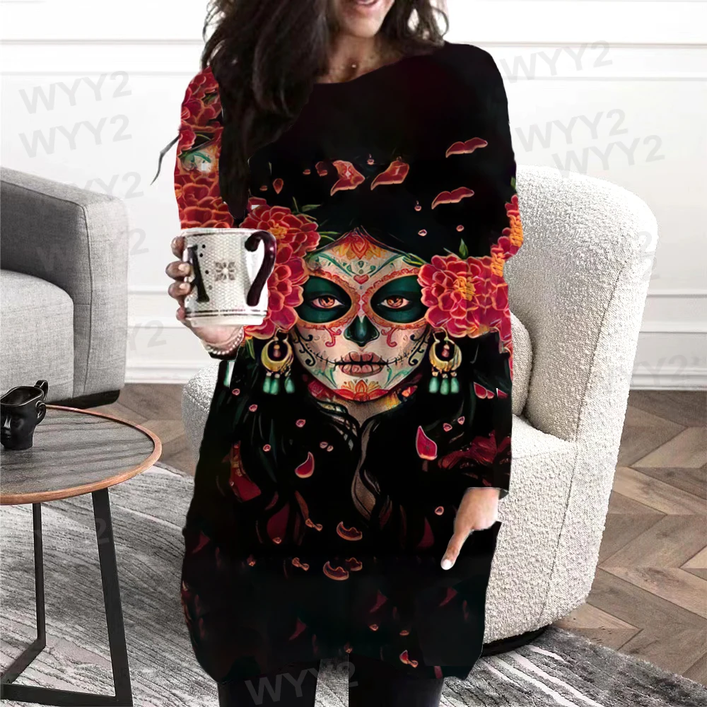 Autumn Spring Plus Size Women's Bouquet Skull Print O-neck Long Sleeve Simple Y2k T-shirt Tunic With Pockets Top