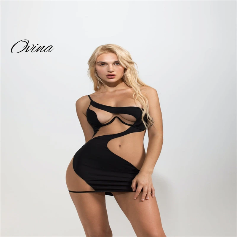 

Women's One Shoulder Mini Dress 2022 New Fashion Sexy Mesh Splicing Bandage Hot Girl Little Black Skirt A Nightclub Party
