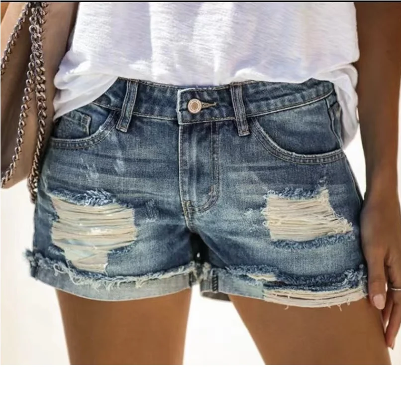 

2022 Summer Vintage Faded and Distressed Jeans Shorts With Pockets Plus Size Ladies Casual Hole Hot Shorts Denim