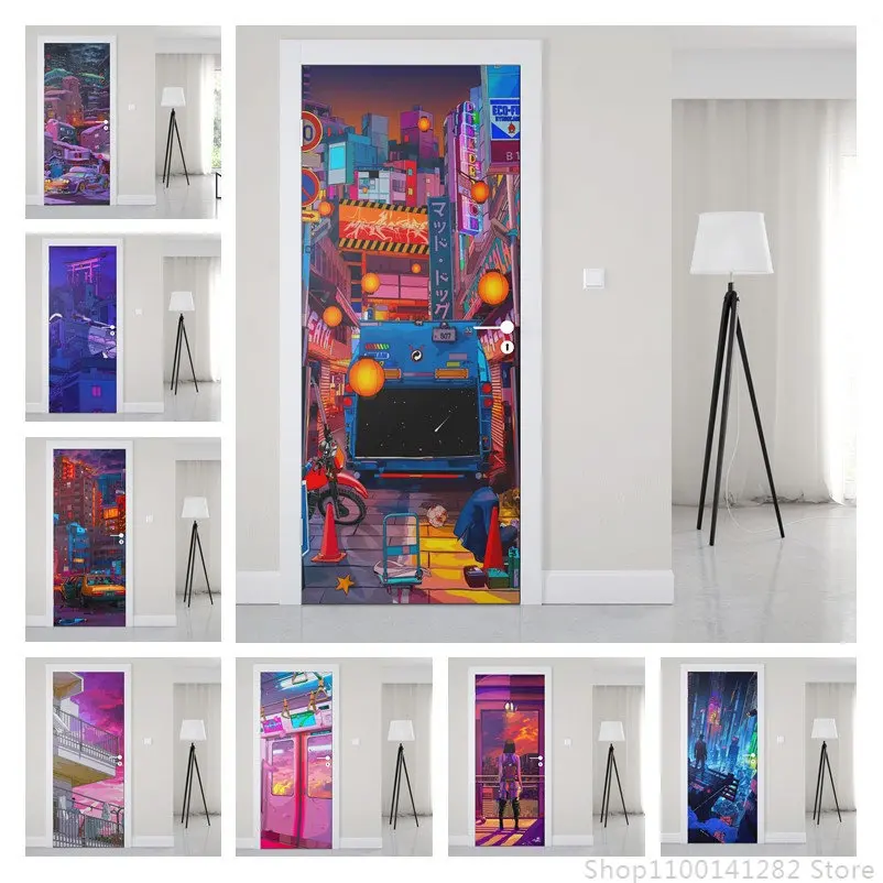 

Аниме девушка городская улица неоновое Украшение Искусство дверь наклейки на стене обои PVC двойные наклейки граффити постер дверь ванной с...