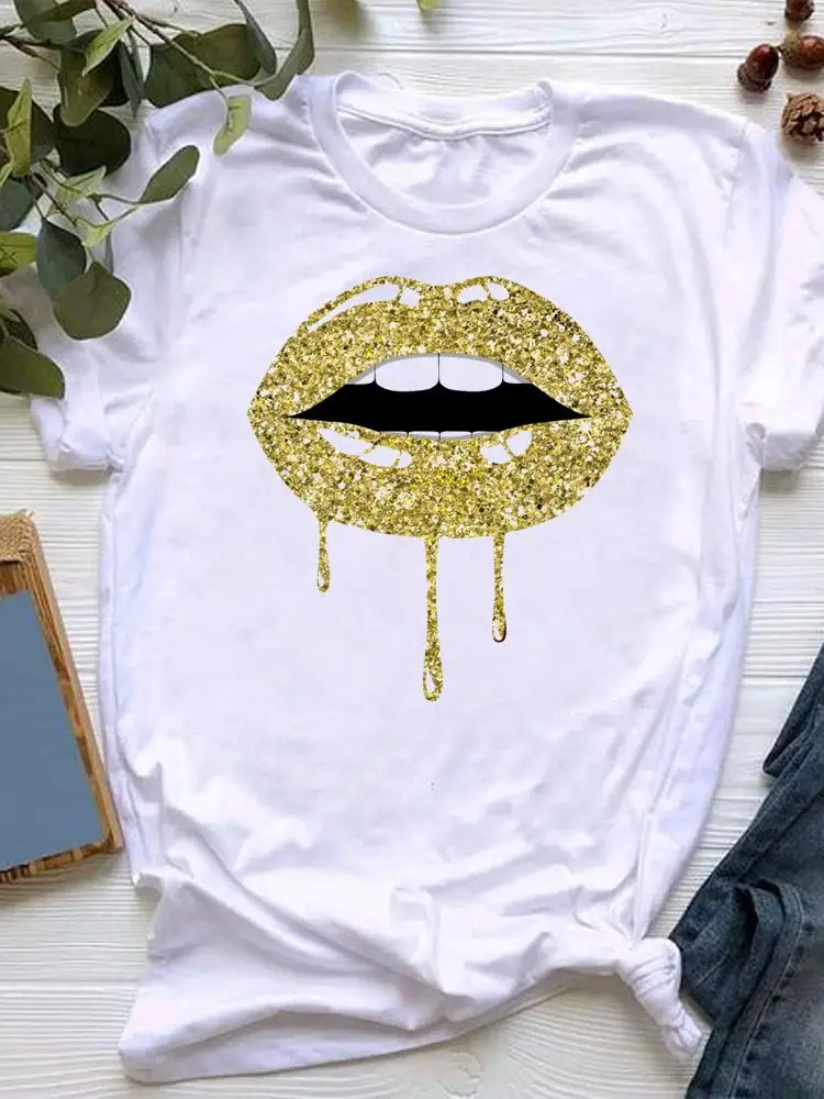 

Summer Women Lip Sweet Lovely Cute Clothes Clothing Short Sleeve Graphic T-shirt Fashion Kawaii Basic Tee Top Print T Shirt