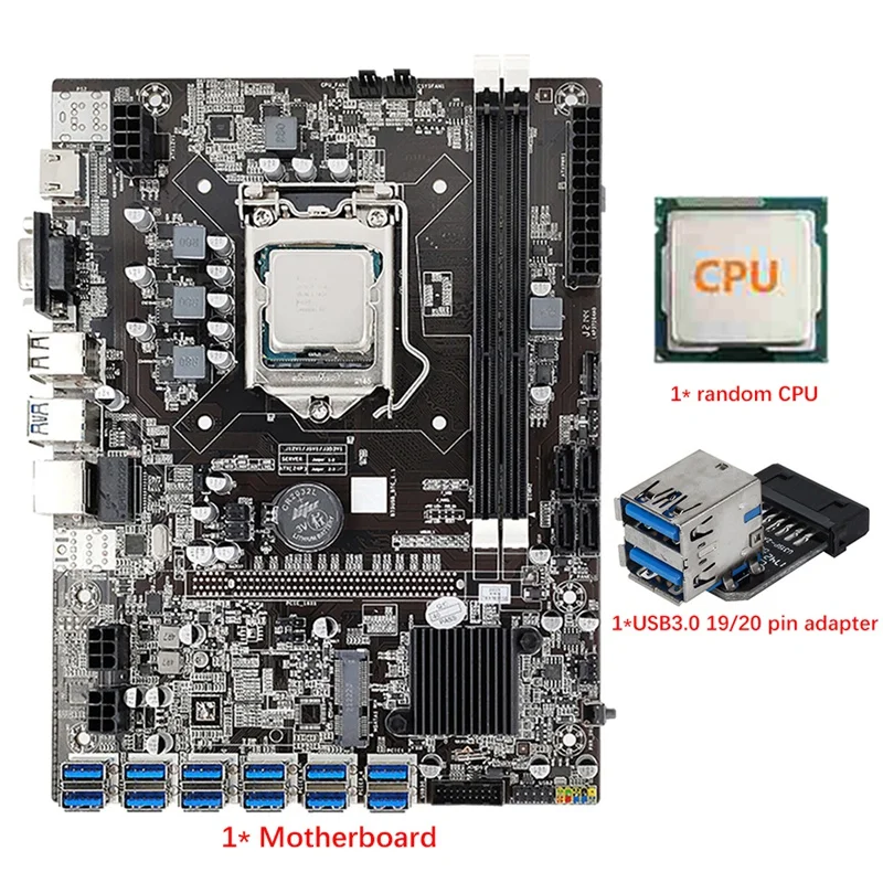 

Материнская плата 12 usb 19/20 B75 + случайный ЦП + USB Pin адаптер 12 Слот GPU LGA1155 DDR3 RAM SATA3.0 для BTC/ETH