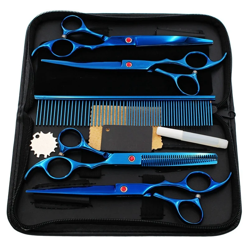 

LUDA 7 Inch Stainless Blue Grooming Shears Straight Scissor Thinning Shears Curved Shears Professional Pet Scissor For Dogs