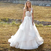 ruffle organza wedding dress floral applique wedding dresses for women deep v neck bridal gown sleeveless wedding gowns 2022