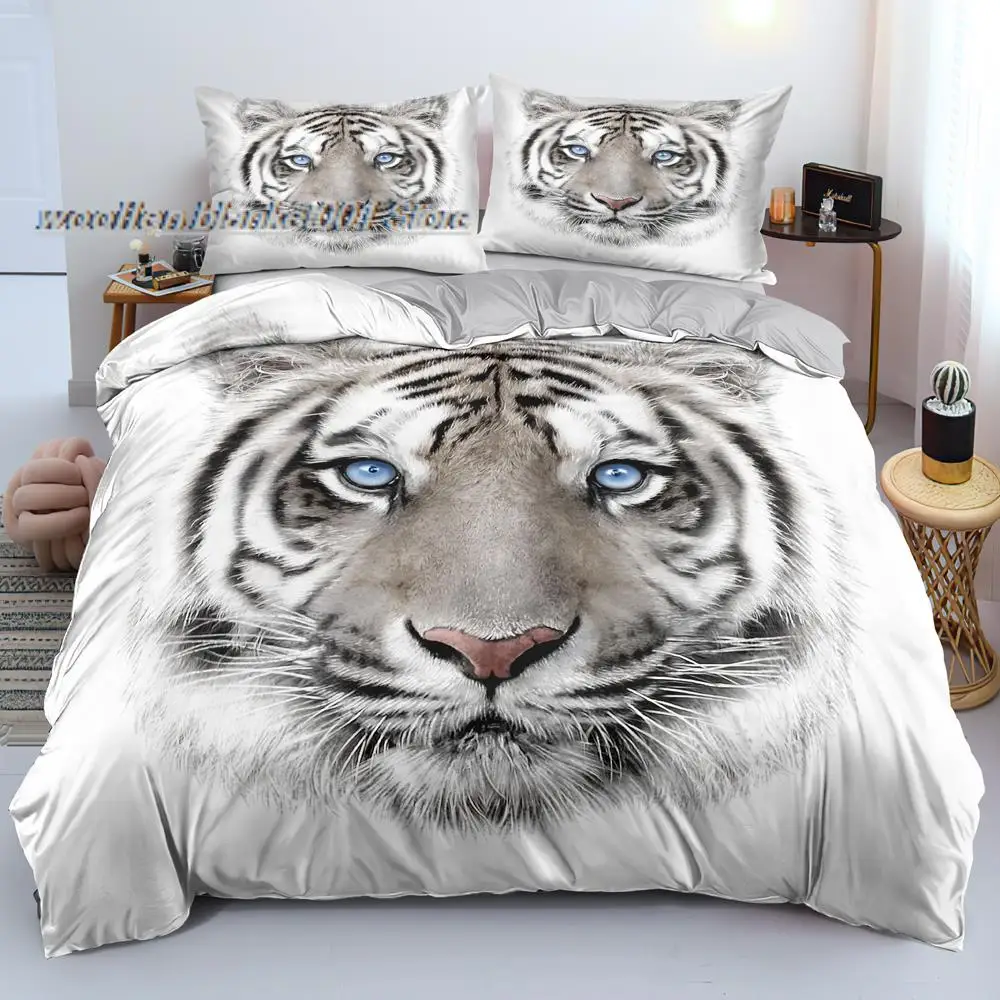 

3D Gray Beddings Custom Design Tiger Quilt Cover Sets Animal Comforter Covers and Pillowcases 203*230cm Full Twin Size Bed Linen