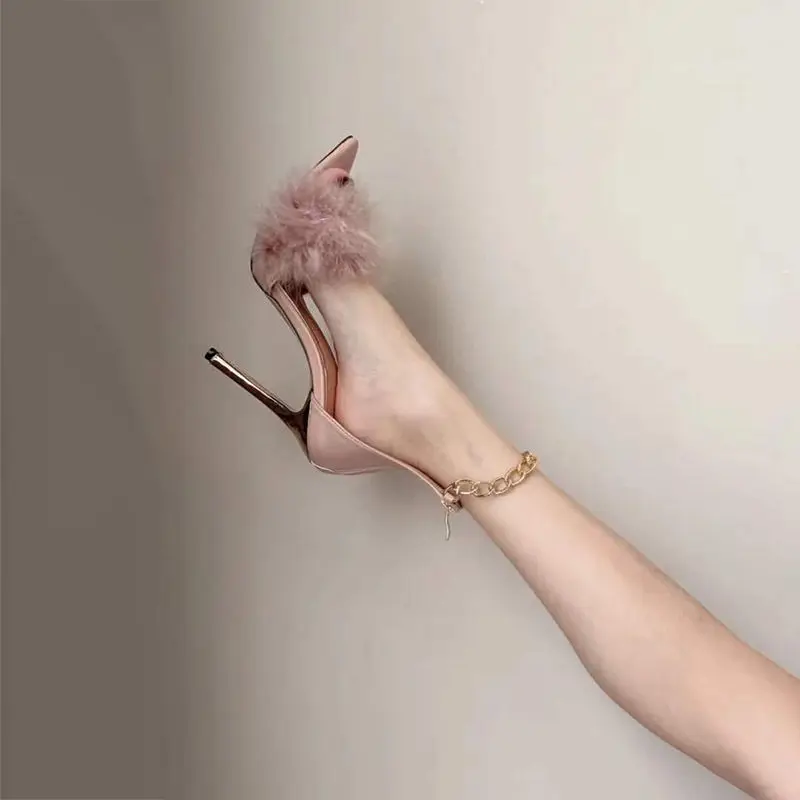 

2022 New Style One Word Plush High Heels Women's Metal Chain Decoration One Word Buckle Strap Stiletto Fashion SandalsV