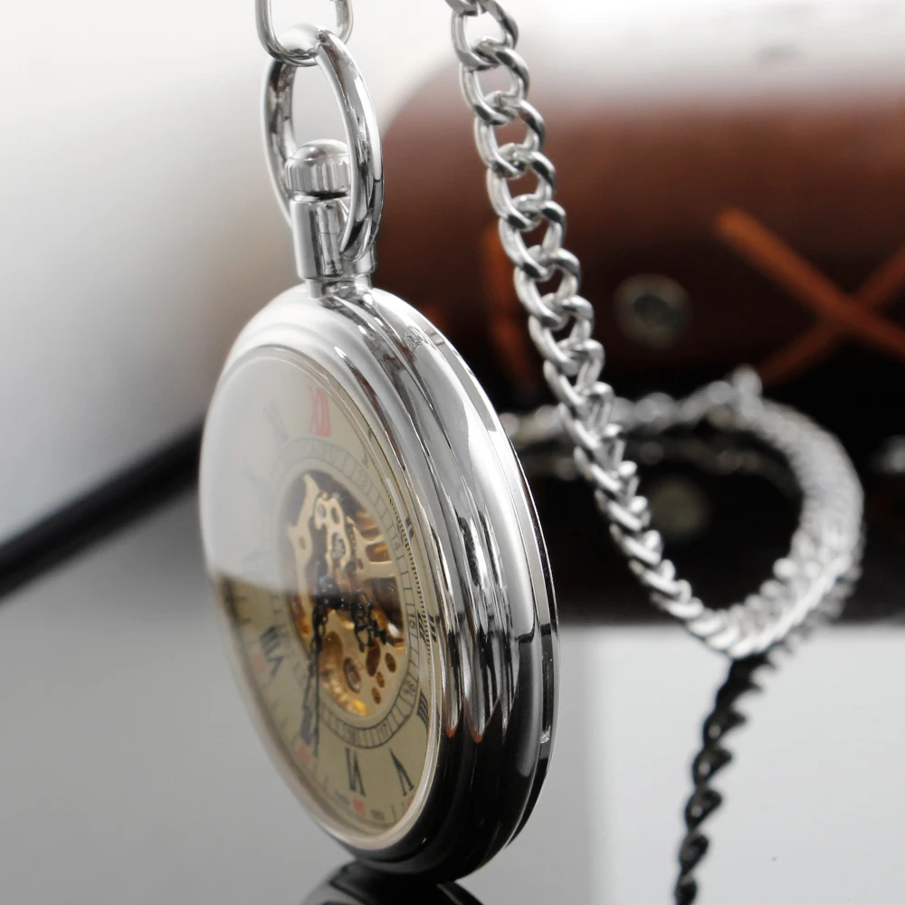 Silver Vintage Classic British Style Steam Punk Skull London Mechanical Pocket Watch Fob Chain Clock Men's and Women's Gift