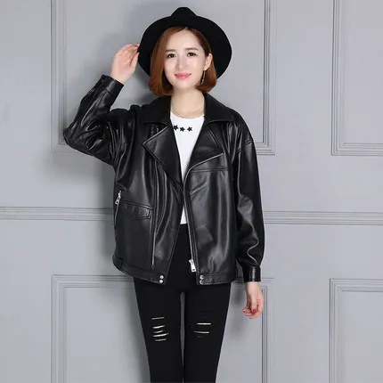 Tao Ting Li Na New Lapel Loose Locomotive Leather Jacket 18KC1