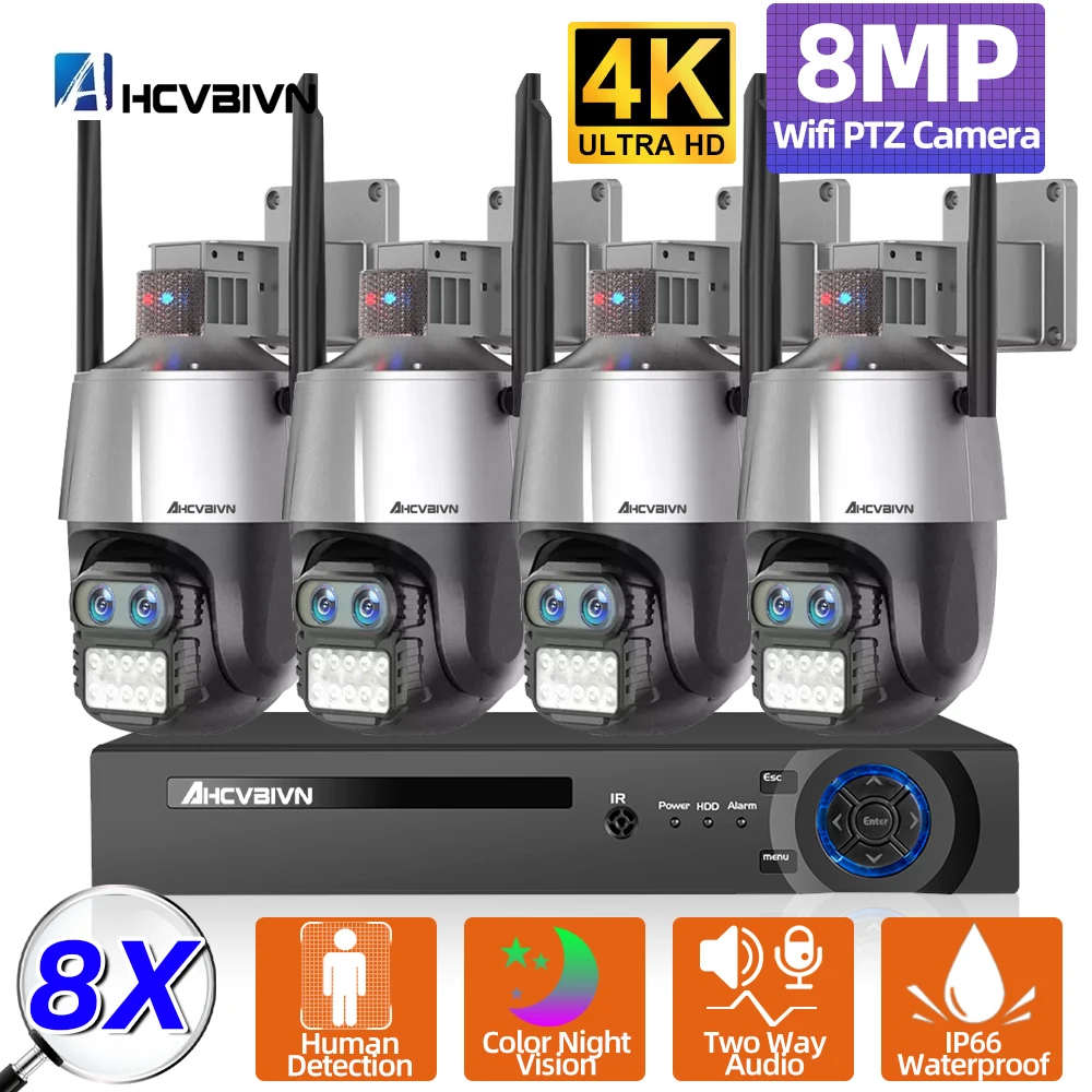 

4CH 4K CCTV Camera Security System Kit P2P Color Night Vision 8X Zoom Wifi Surveillance Camera with 8MP 8CH POE NVR System XMEYE
