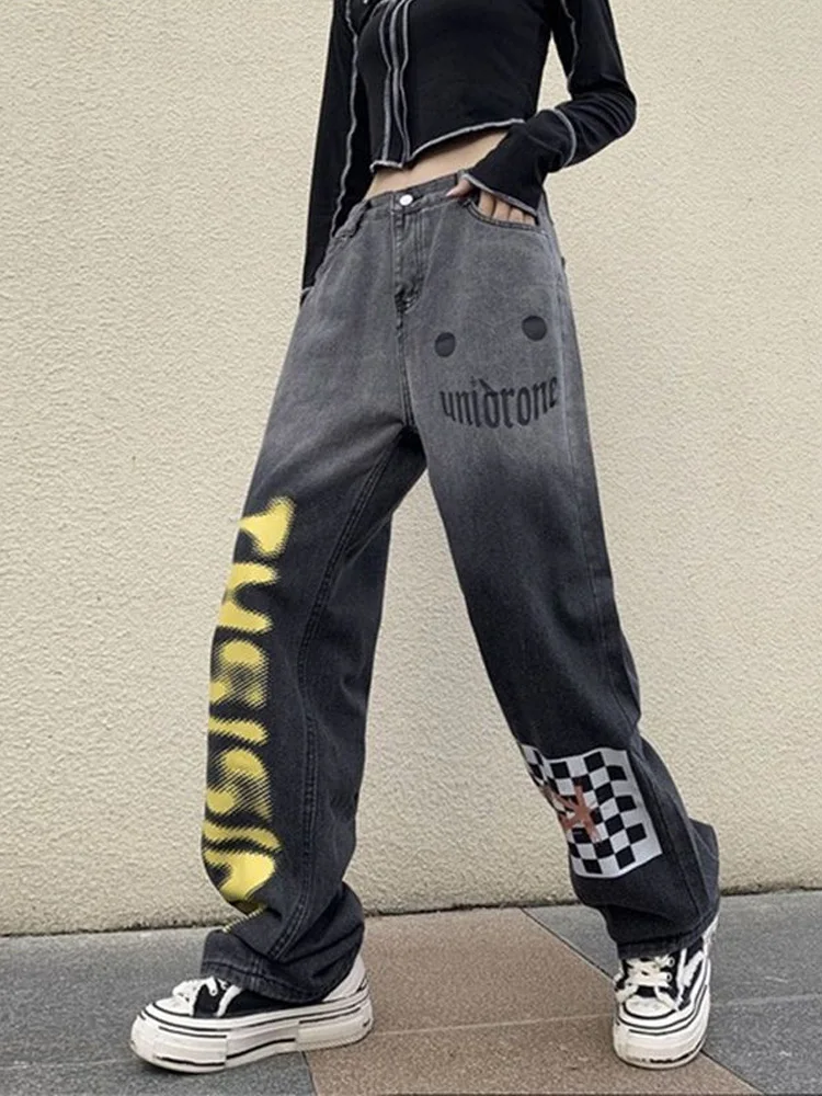 American Style Hip Hop Alphabet Print Multi-pocket Jeans for Women Y2K High Street Loose Straight Wide Leg Work Pants Oversized