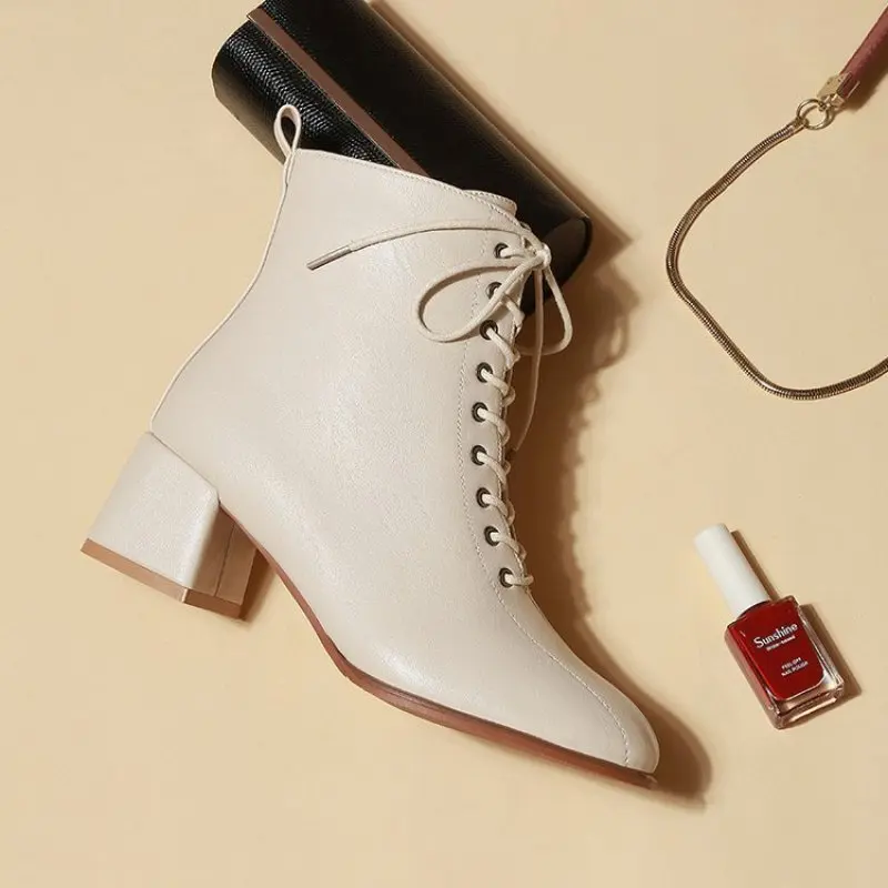 Women's Winter Warm Velvet Short Boots British Style Vintage Bandage Zipper Square Heel PU Leather Shoes Lady Black Matin Boots