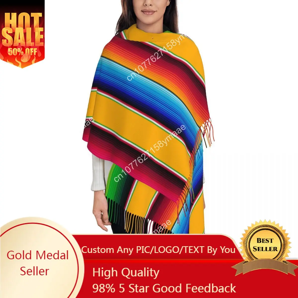 

Traditional Mexican Ethnic Scarf for Women Winter Warm Pashmina Shawl Wrap Rainbow Long Large Scarves with Tassel for Daily Wear