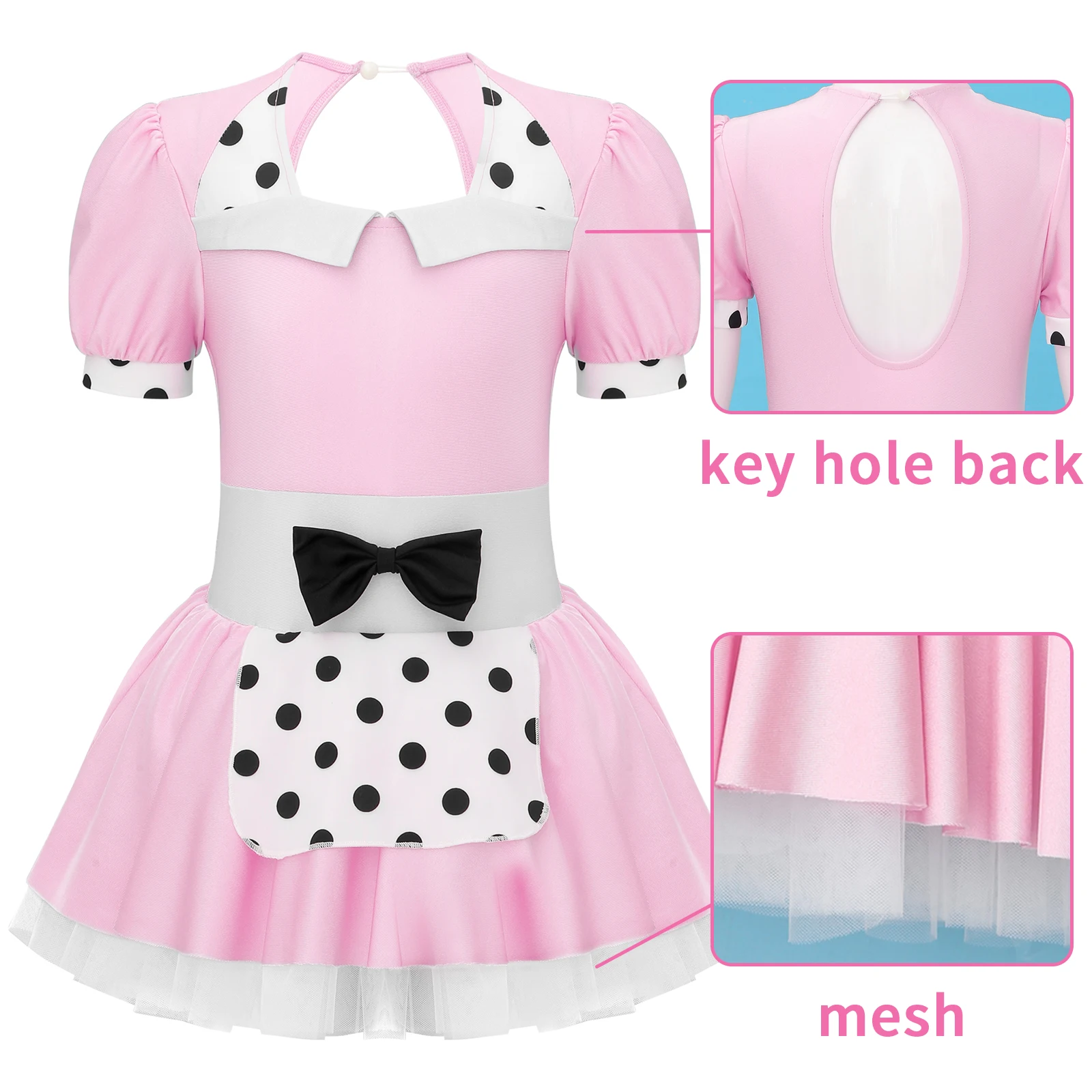 

Kids Girls Stylish Clothing Short Sleeve Patchwork Style Polka Dots Print Bowknot Decorated Tutu Mesh Dance Dress