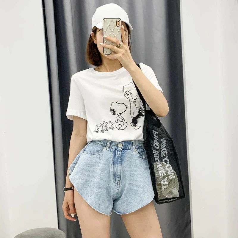 Casual Blue Denim Shorts Skirts High Waist Ruffle Hem All-Match Loose Ruched Shorts 2021 Summer Tide Female New Fashion Clothing