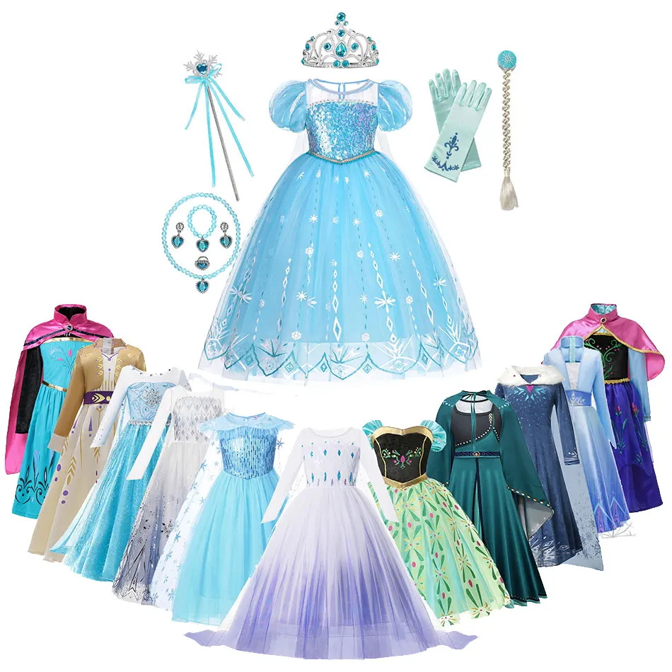 

Frozen Anna Elsa Princess Costumes For Kids Halloween Christmas Party Cosplay Snow Queen Fancy Dresses Girls Snowflake Prom Gown