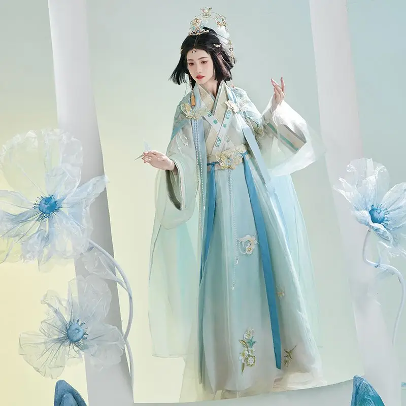 Женское платье в китайском стиле белый голубой топ из двух предметов синяя юбка с