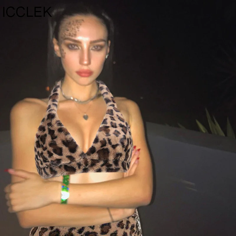 

ICCLEK Fashion leopard Plush vest ins super hot short backless sexy top winter neck strap fashion
