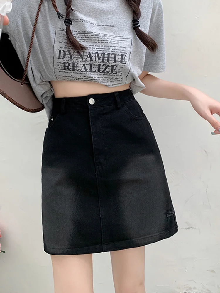 

Новинка, летняя женская уличная одежда, трапециевидная черная мини-юбка с завышенной талией, женские облегающие джинсовые юбки